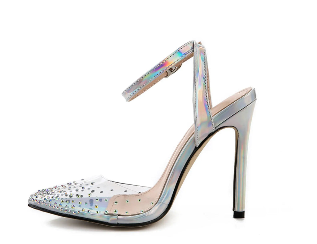 Women's pointed toe sandals with stiletto heels and diamond detail in glossy PVC material