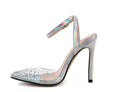 Women's pointed toe sandals with stiletto heels and diamond detail in glossy PVC material