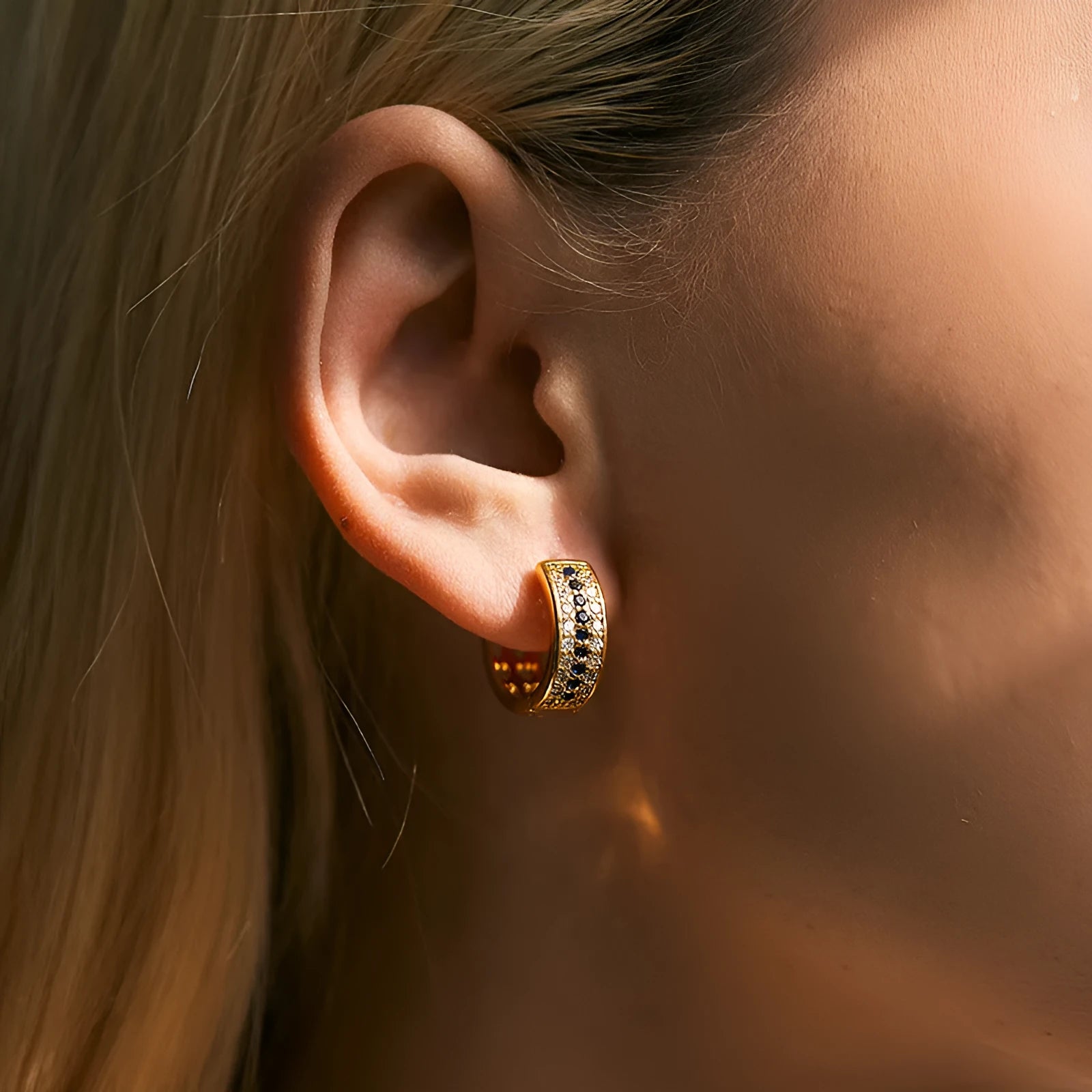 Women's round geometry earrings with 18K electroplated gold finish on copper