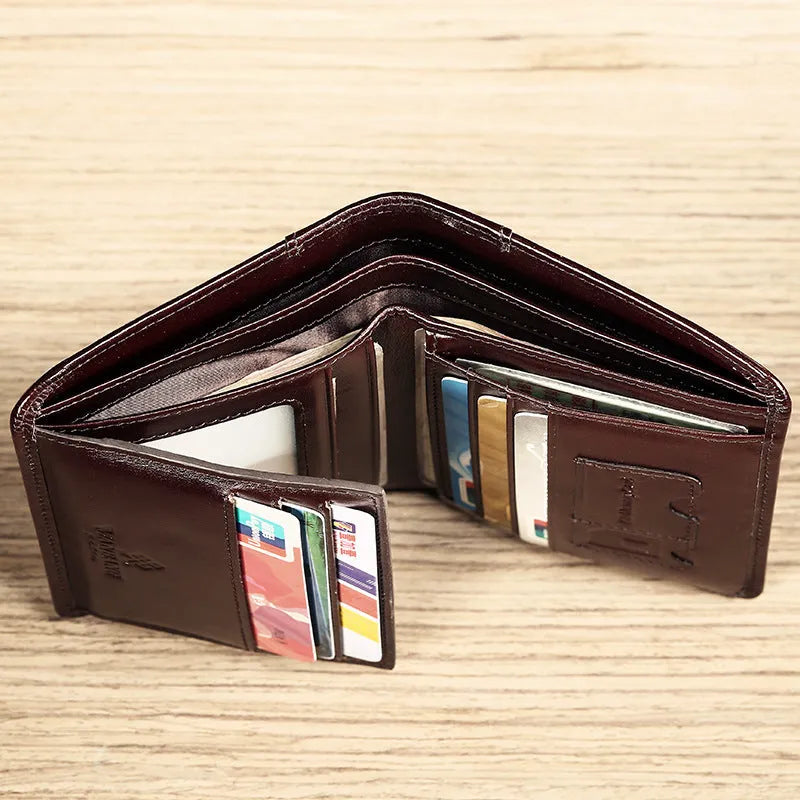 Men's leather wallet showing multiple compartments including banknote folder and card slots