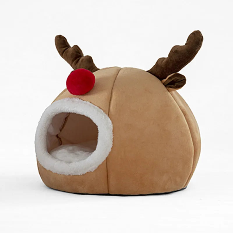 Christmas reindeer pet tent in camel colour, small size, with soft plush exterior and fleece lining
