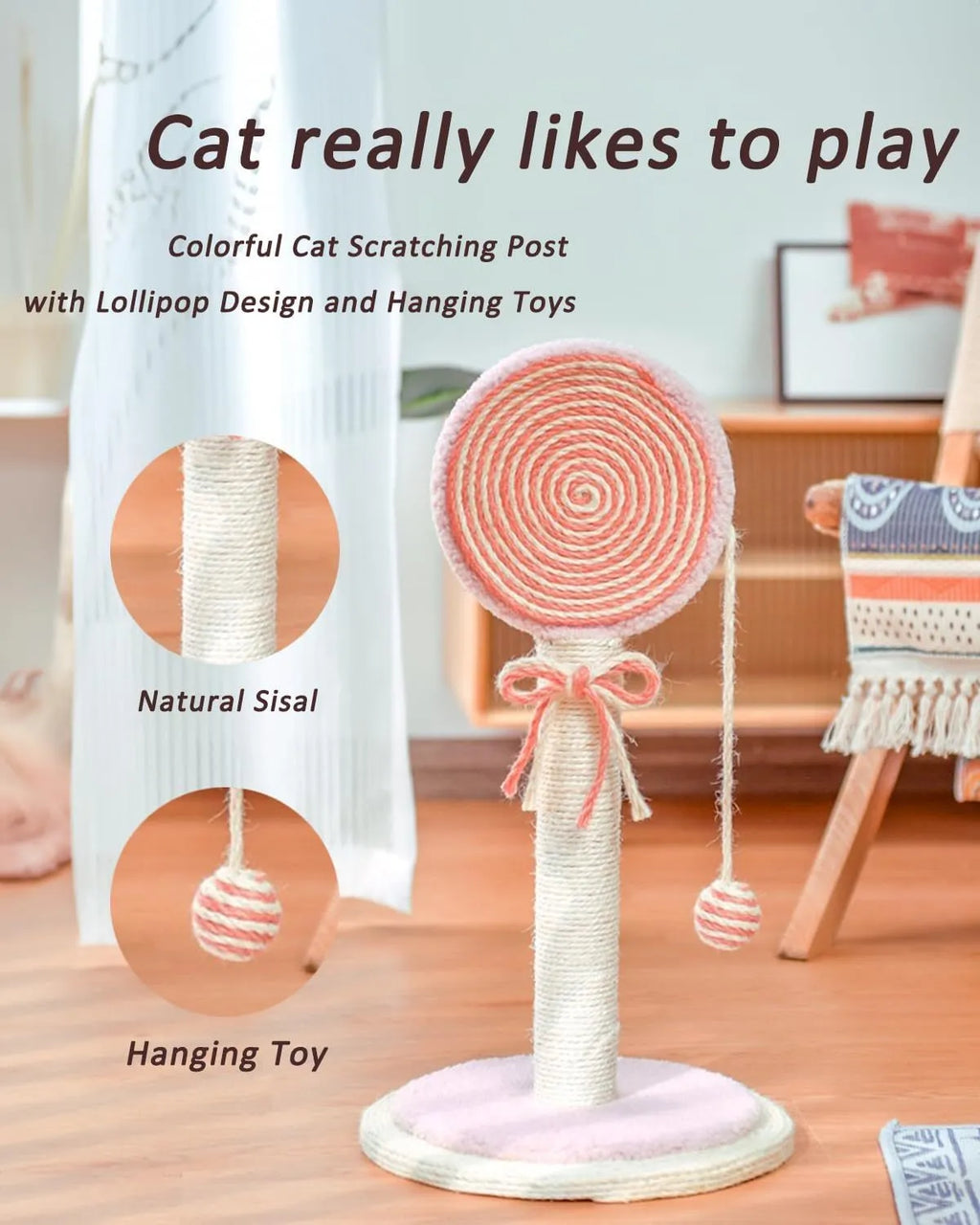 Blue cat scratching post with natural sisal rope and a hanging ball toy on a sturdy square base.