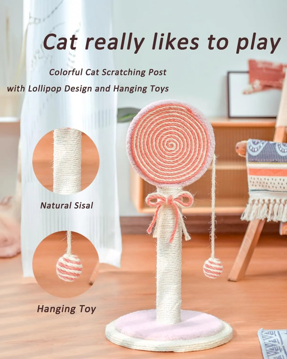 Blue cat scratching post with natural sisal rope and a hanging ball toy on a sturdy square base.