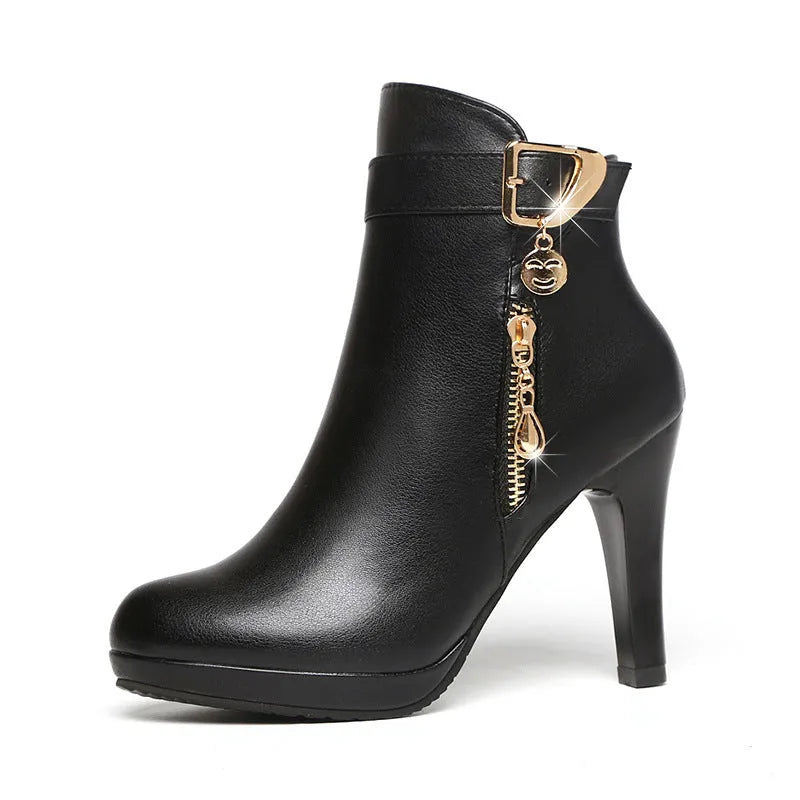 Women's autumn leather boots, pointed toe, high heel, black artificial PU, rubber sole