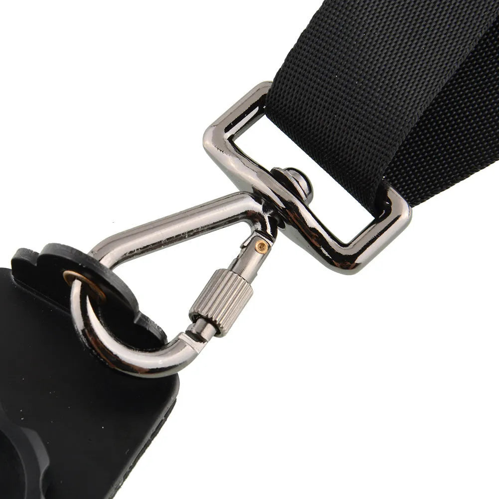 Black professional dual camera shoulder strap for SLR cameras shown on a person, highlighting thick shoulder sponge and metal connectors.