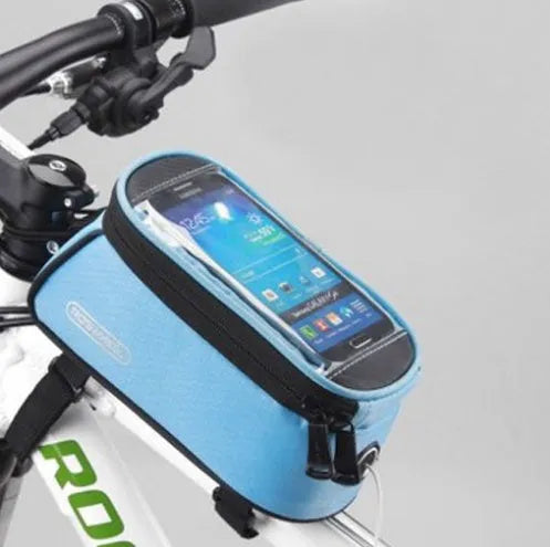 ROSWHEEL PVC bicycle frame bag for iPhone mounted on a bike frame, shown in red colour.