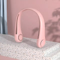 Pink portable bladeless neck fan with USB charging cable and adjustable speed control