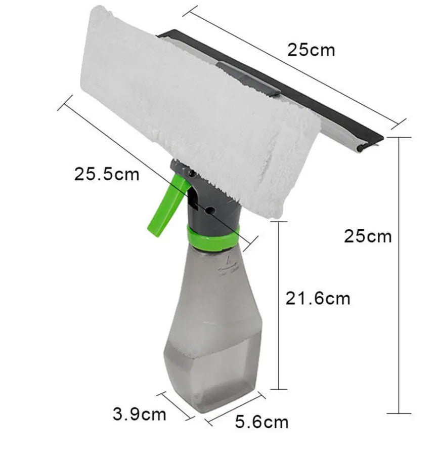 3-in-1 handheld car and window cleaning tool with spray bottle and silicone scraper, 25 cm length, plastic and super fibre materials