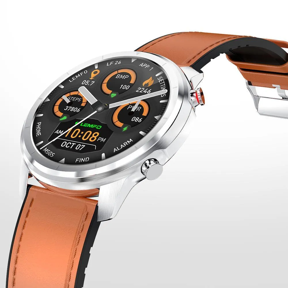 LEMFO LF26 smart bracelet in brown and black with 1.3-inch touchscreen displayed.
