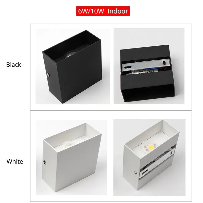 Square black aluminium alloy LED wall lamp mounted on a brick wall, showing 360-degree light emission.