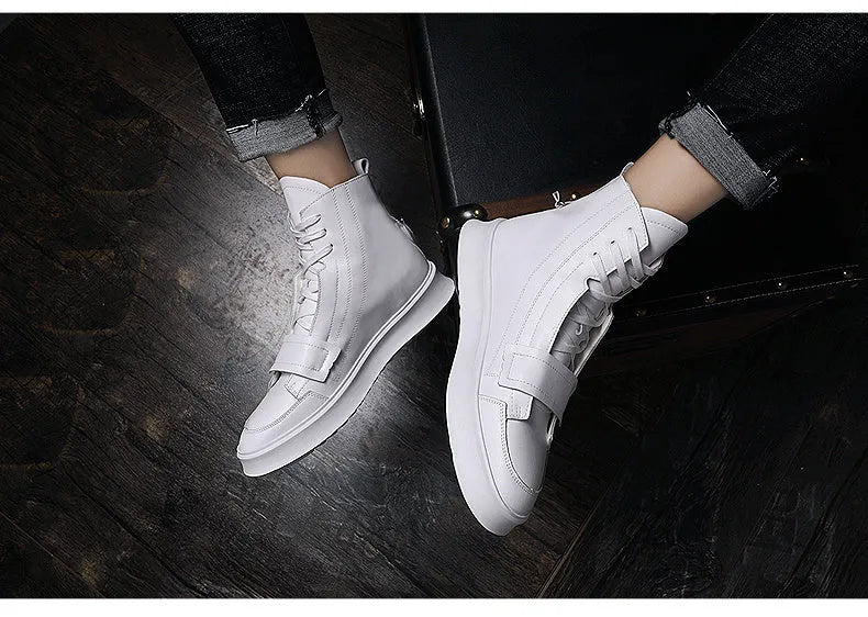Men's black PU leather ankle boots in high-top sneaker style for winter wear