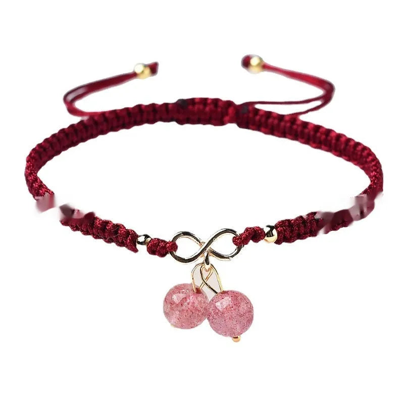 Natural strawberry quartz bracelet with cherry charm and adjustable string closure