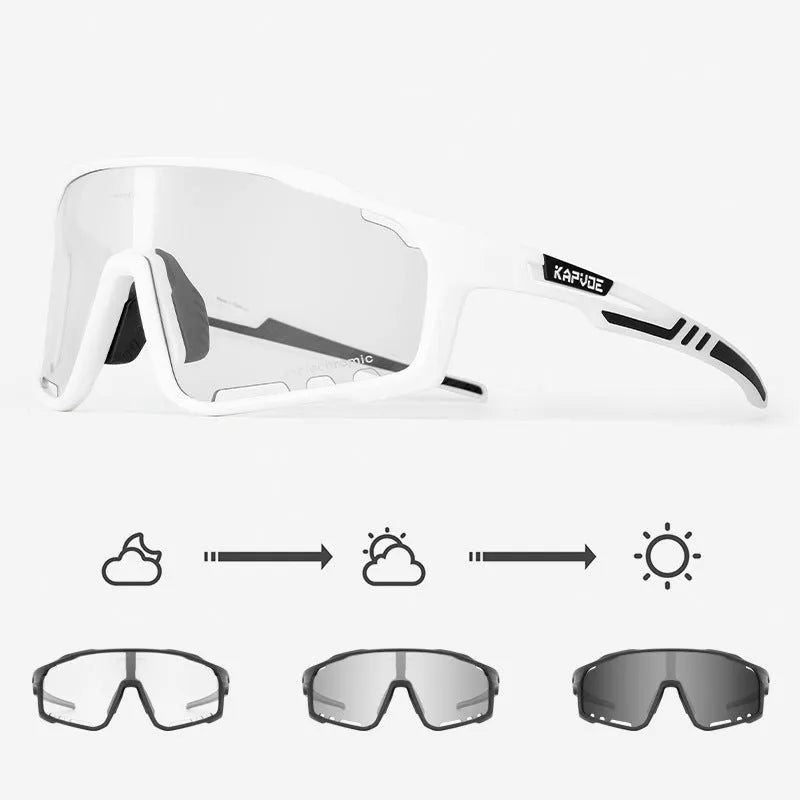 TR90 photochromic cycling goggles with semi-rimless frame and adaptive lens for sports.