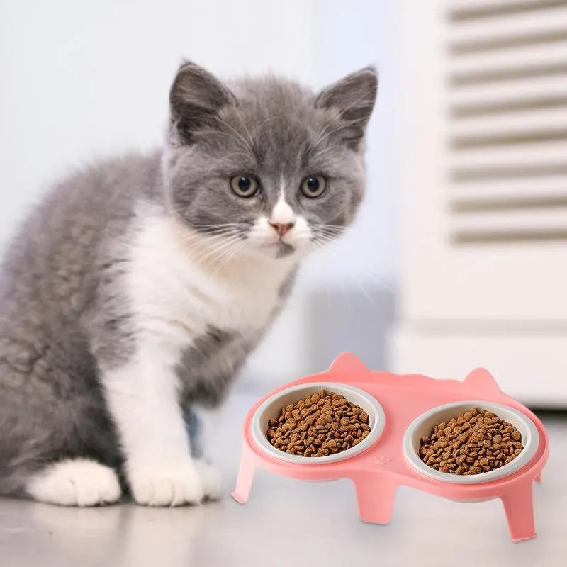 Ceramic cat food and water bowl set with elevated tilted stand in choice of colours