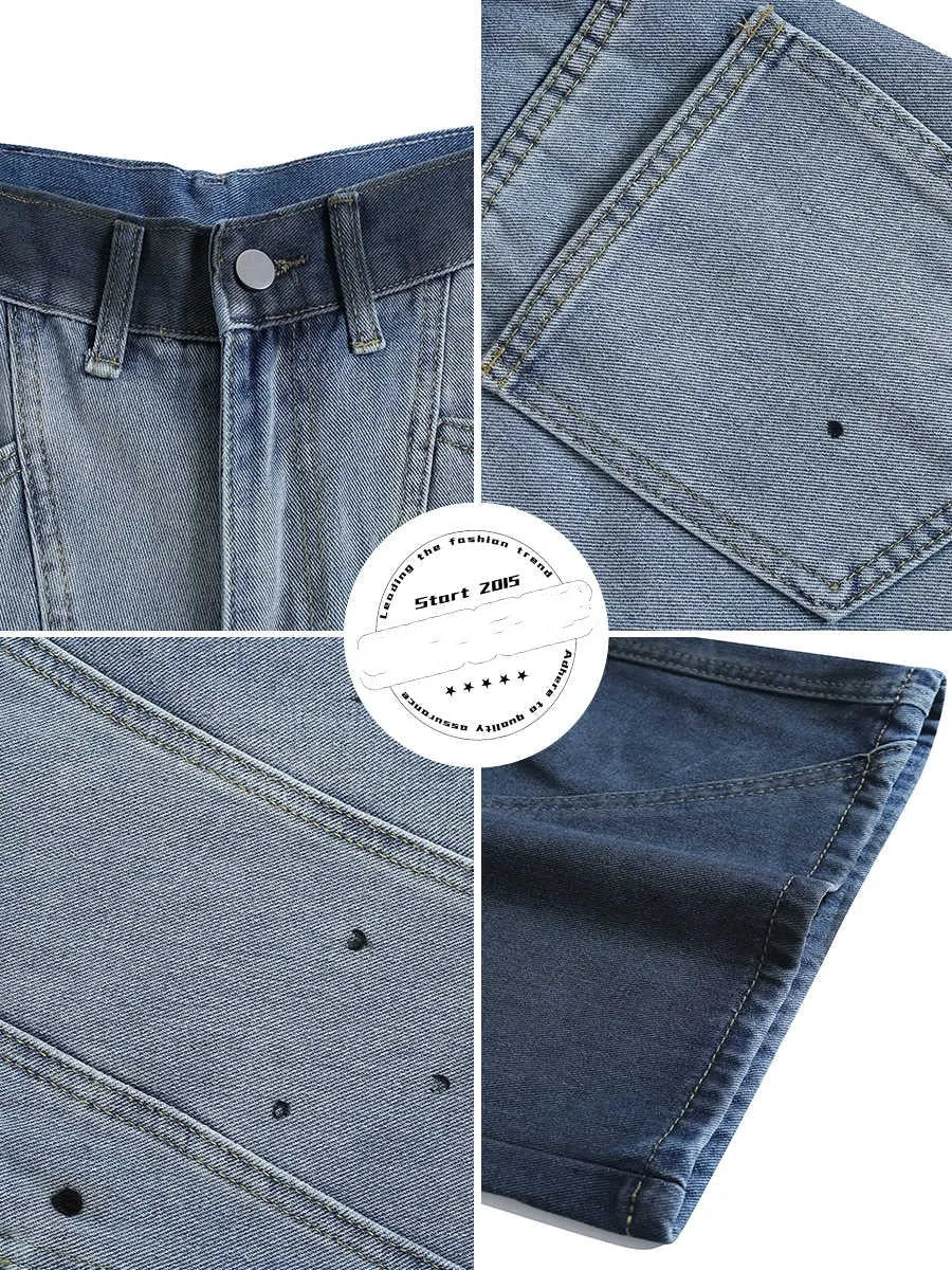 Blue tie-dye gradient cropped jeans with loose fit and mid-waist design