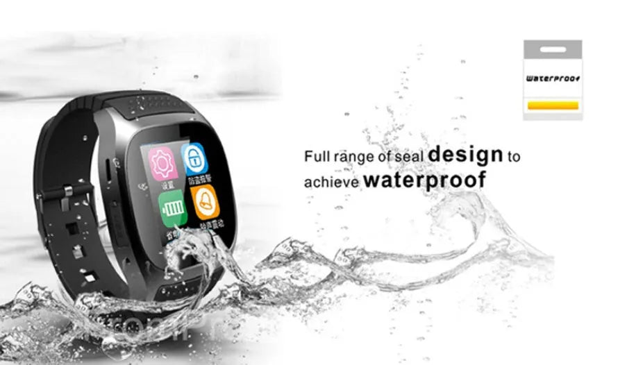 Smart Bluetooth sports watch in black, white, or blue, showing smartphone compatibility and features like calling and fitness tracking.