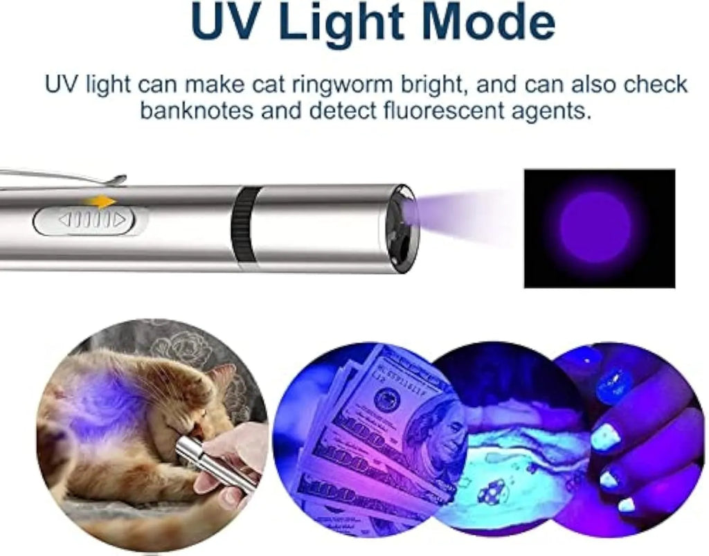 Silver aluminium alloy cat toy pointer with USB charging and multiple light patterns for indoor play