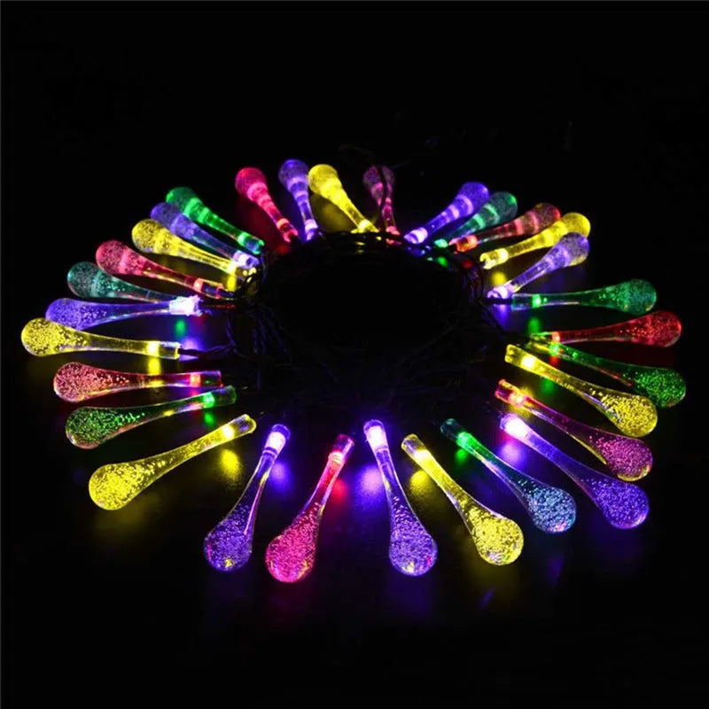 Outdoor solar LED string lights with bubble drop pendants on 6.5 metre waterproof cable