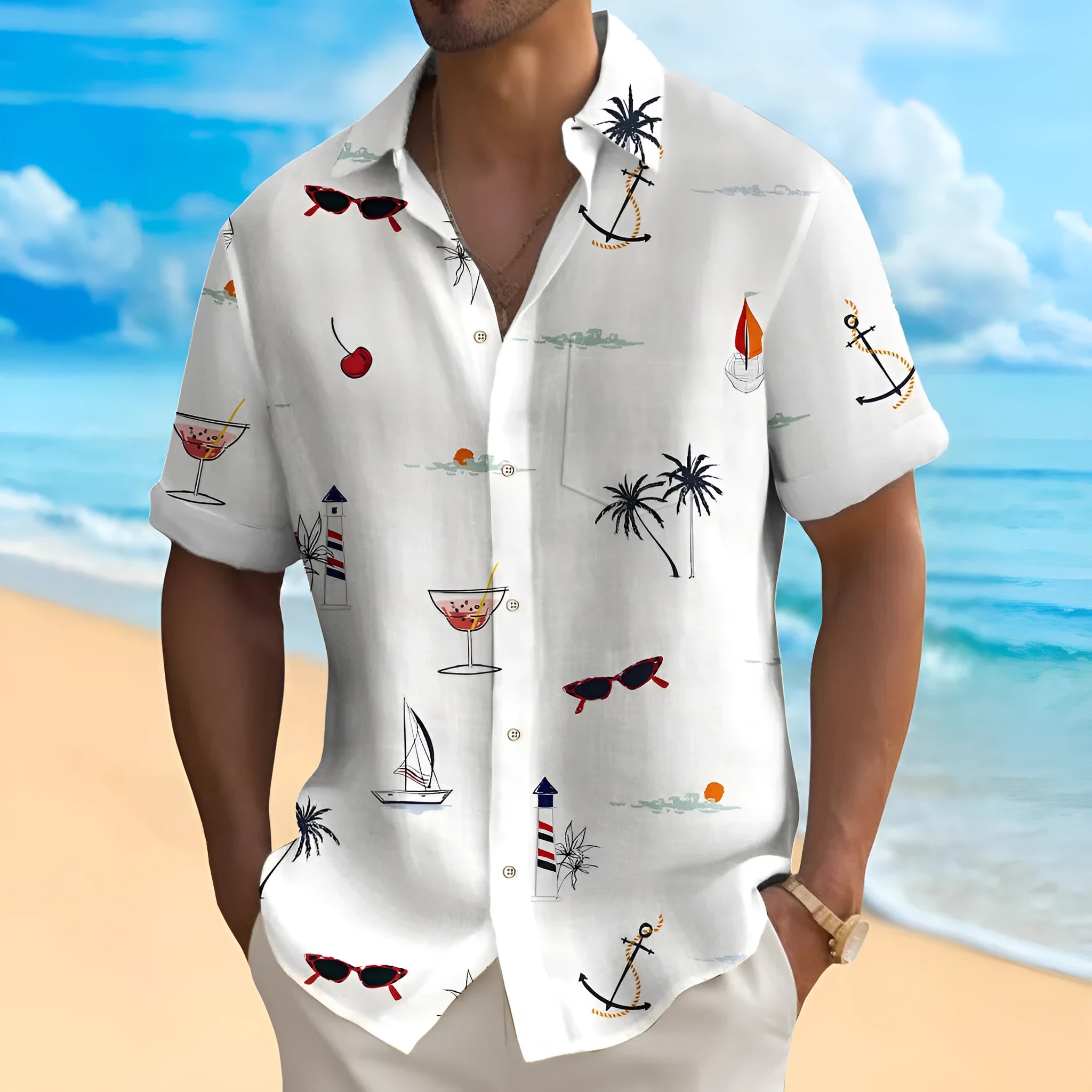 Men's loose fit Hawaiian patterned shirt with digital printing short sleeves