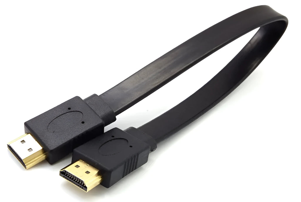 Flat plug HDMI cable shown at different lengths for TV and computer monitor connection.