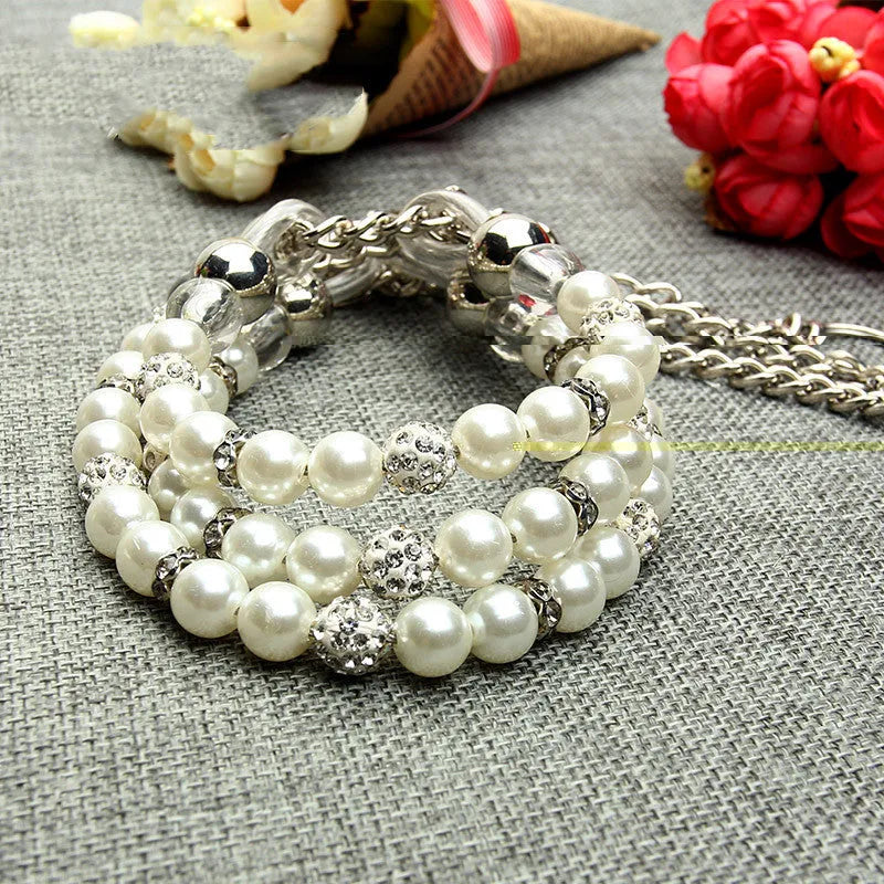 White pearl dog collar and leash set on white background, non-retractable 120 cm leash available in S M L sizes