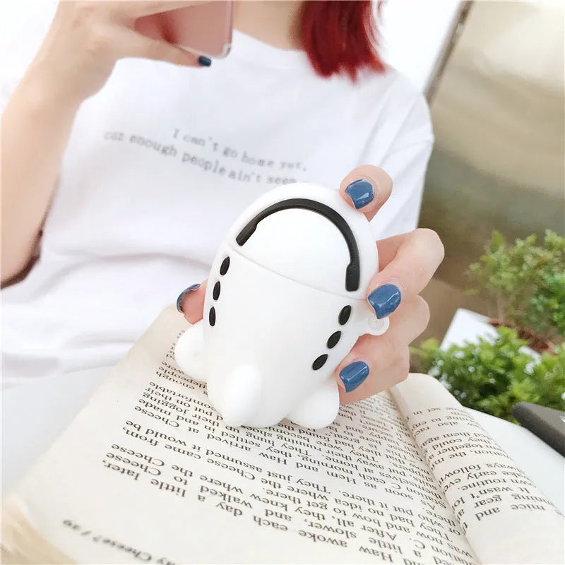 Silicone protective case with hook for AirPods featuring cartoon aeroplane headset design
