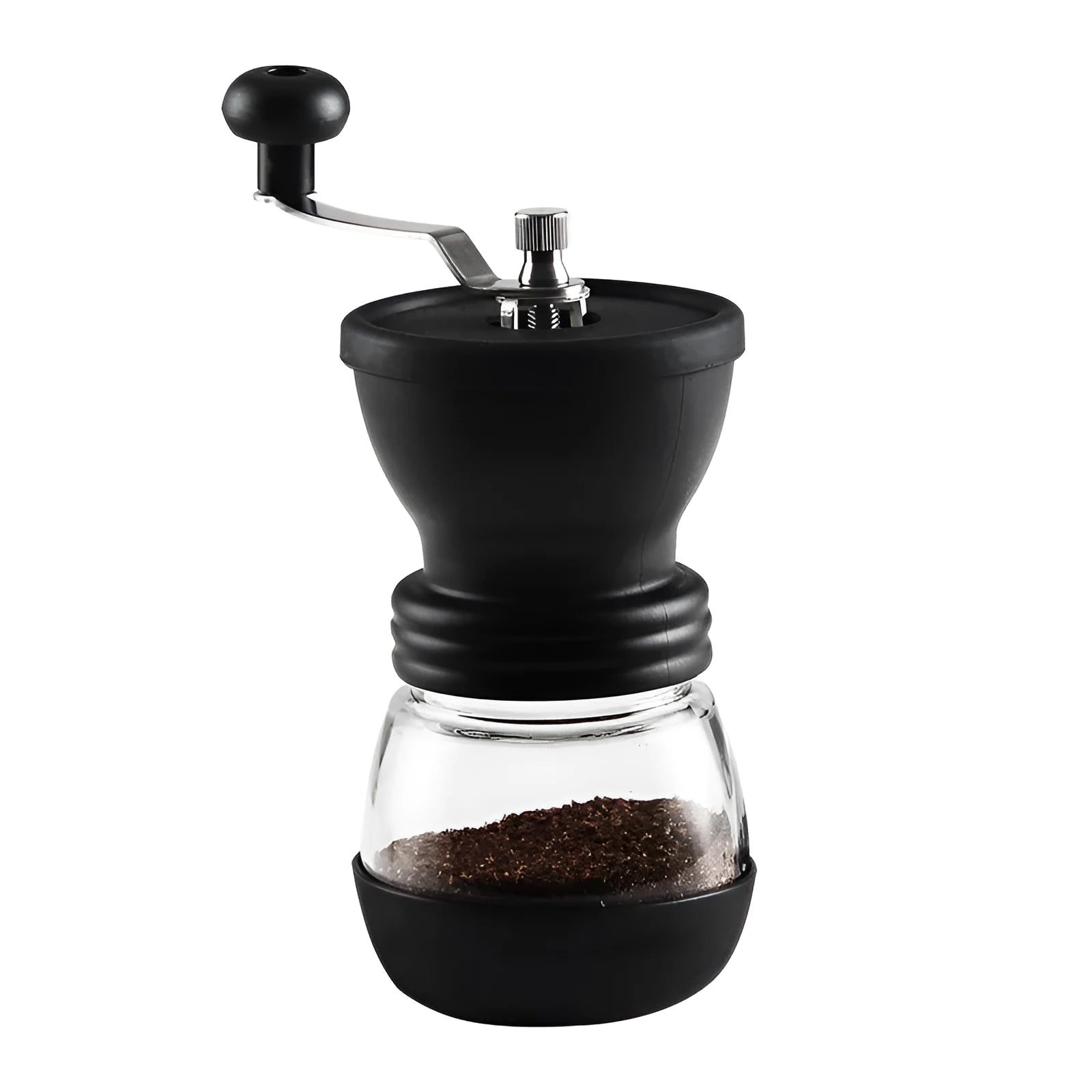 Beech wood hand grinder coffee machine with black finish, 88 mm wide, on a table