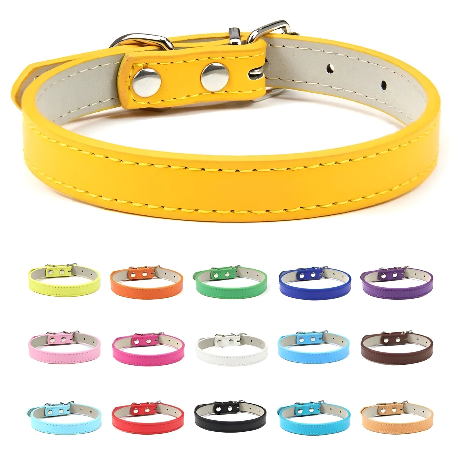 Pet PU leather collar in beige Napa pattern with wire buckle, available in multiple colours and sizes XXS to XL