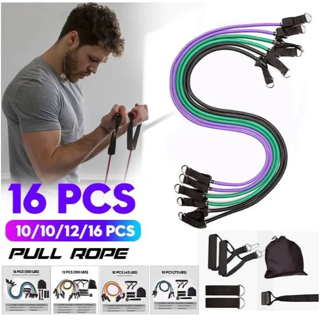 16-piece latex resistance band set with purple, green, and black traction ropes, handles, foot rings, door buckle, and storage bag