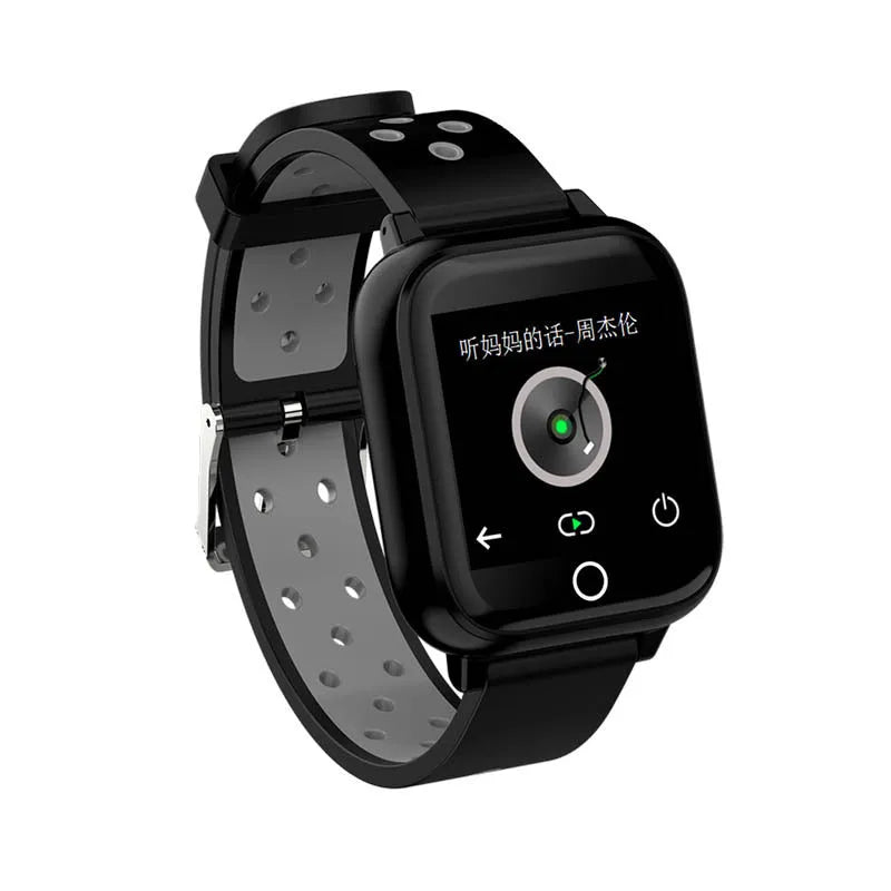 Black smartwatch with detachable Bluetooth earphones stored in the case showing a 1.4 inch screen