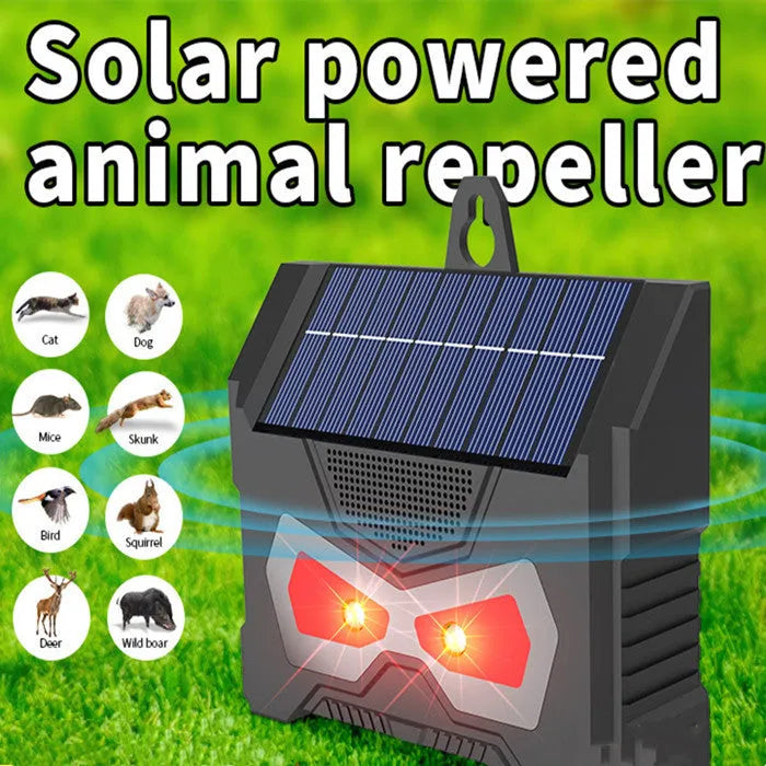 Black solar-powered outdoor ultrasonic animal repeller with charging cable