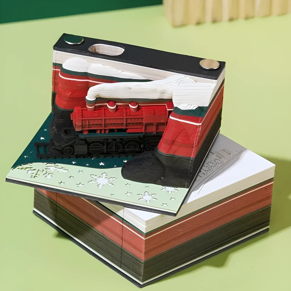 3D paper carving sticky notes model of Qingshui Temple with Christmas Train colour cover