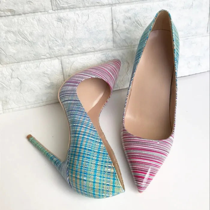 Pink blue gradient patent leather pointed toe high heels with sheepskin insoles on rubber soles