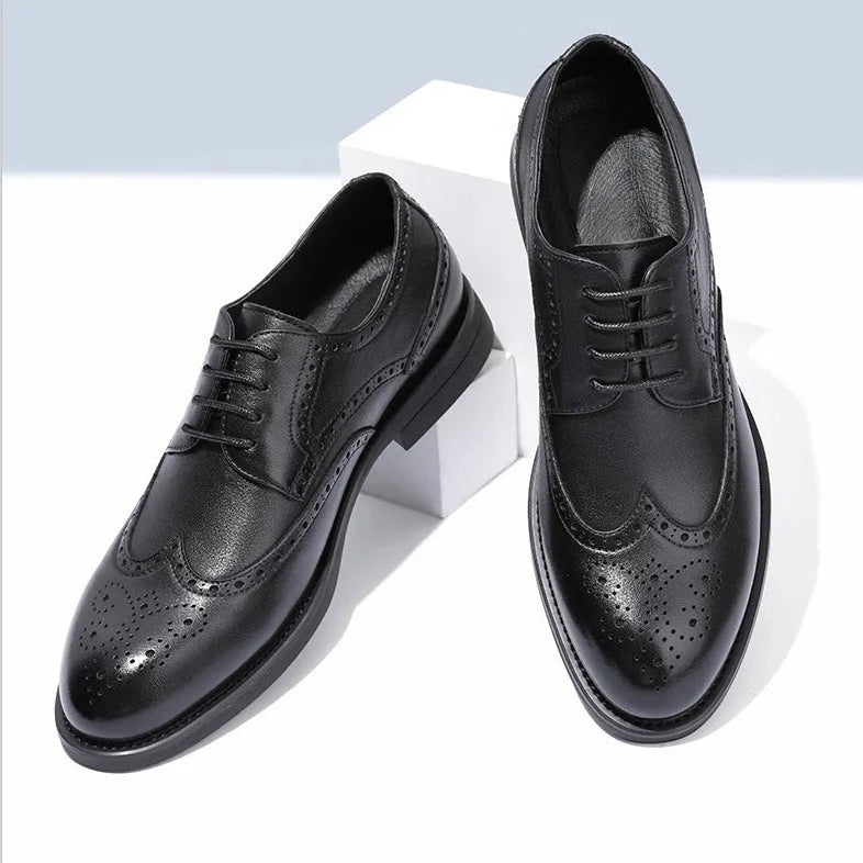 Men's black and brown brogue shoes with wingtip design and perforated detailing for business wear