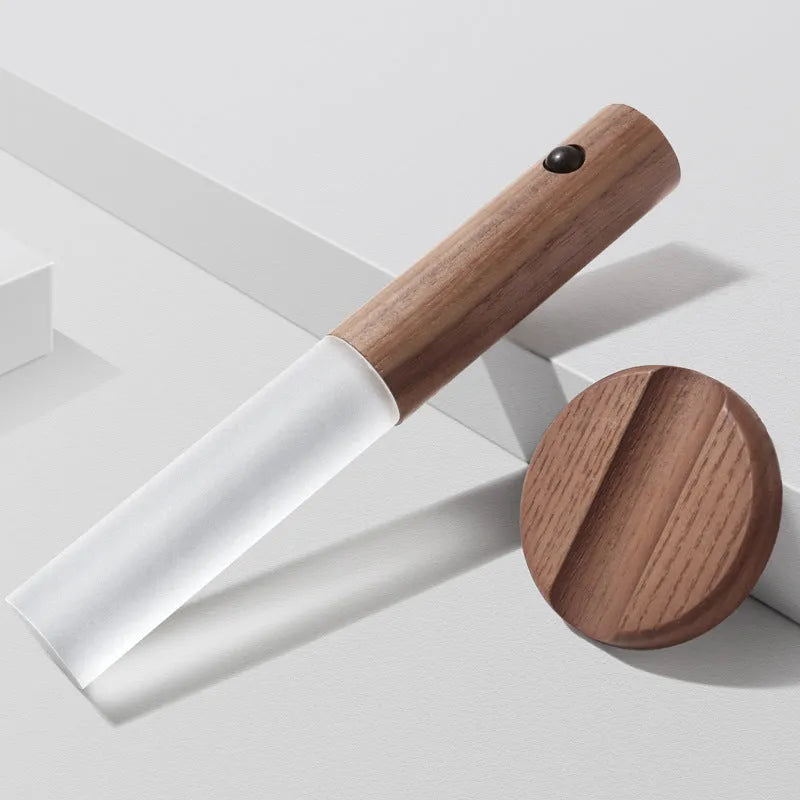 Smart sensor LED desk lamp with solid wood base and organic glass shade in coffee colour