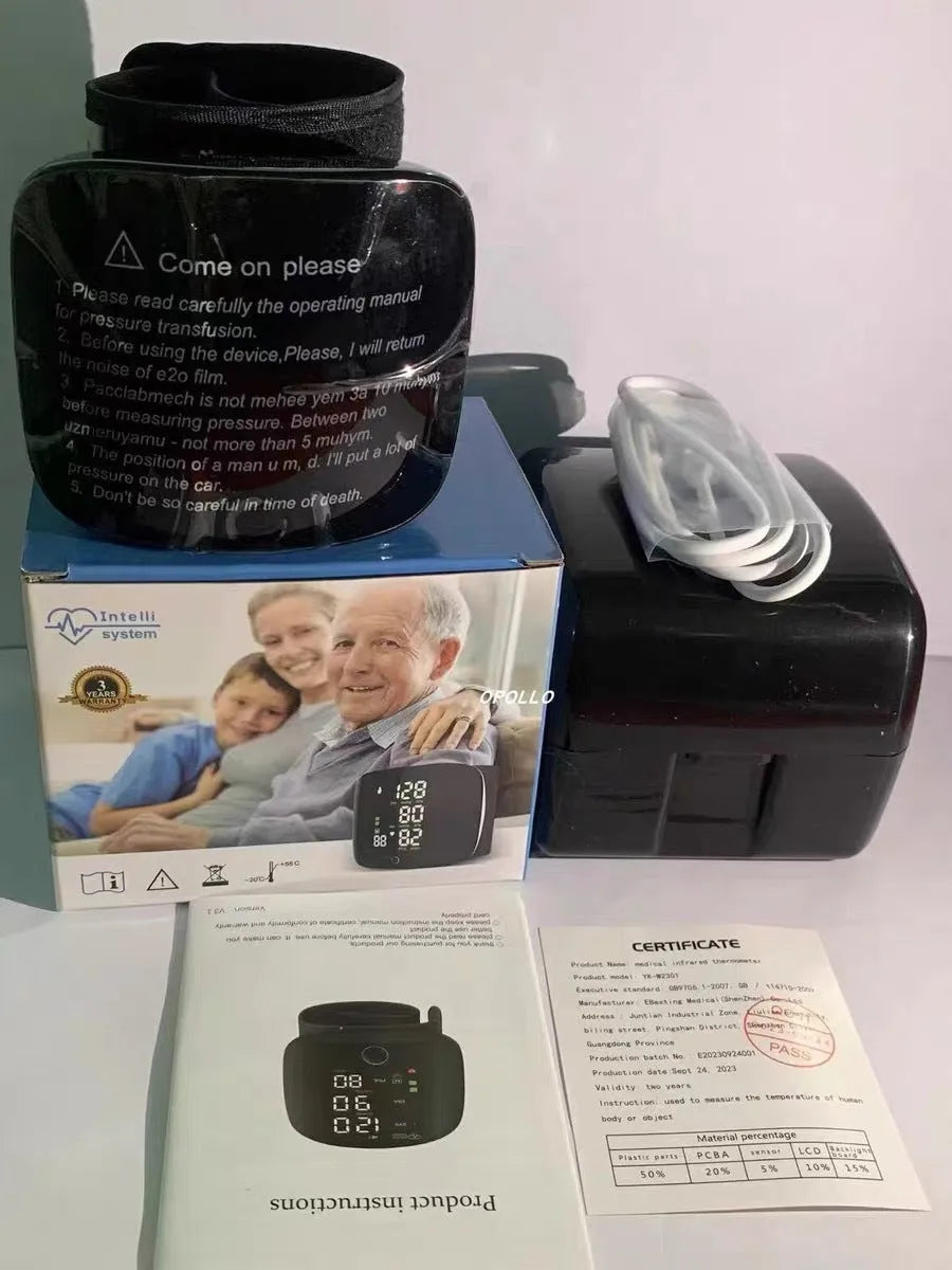 Black wrist blood pressure monitor with USB charging port and multilingual voice options