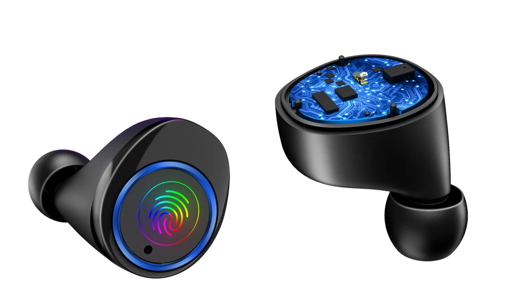 Black X11 Sky-Free wireless Bluetooth earbuds with touch controls and a white charging case.