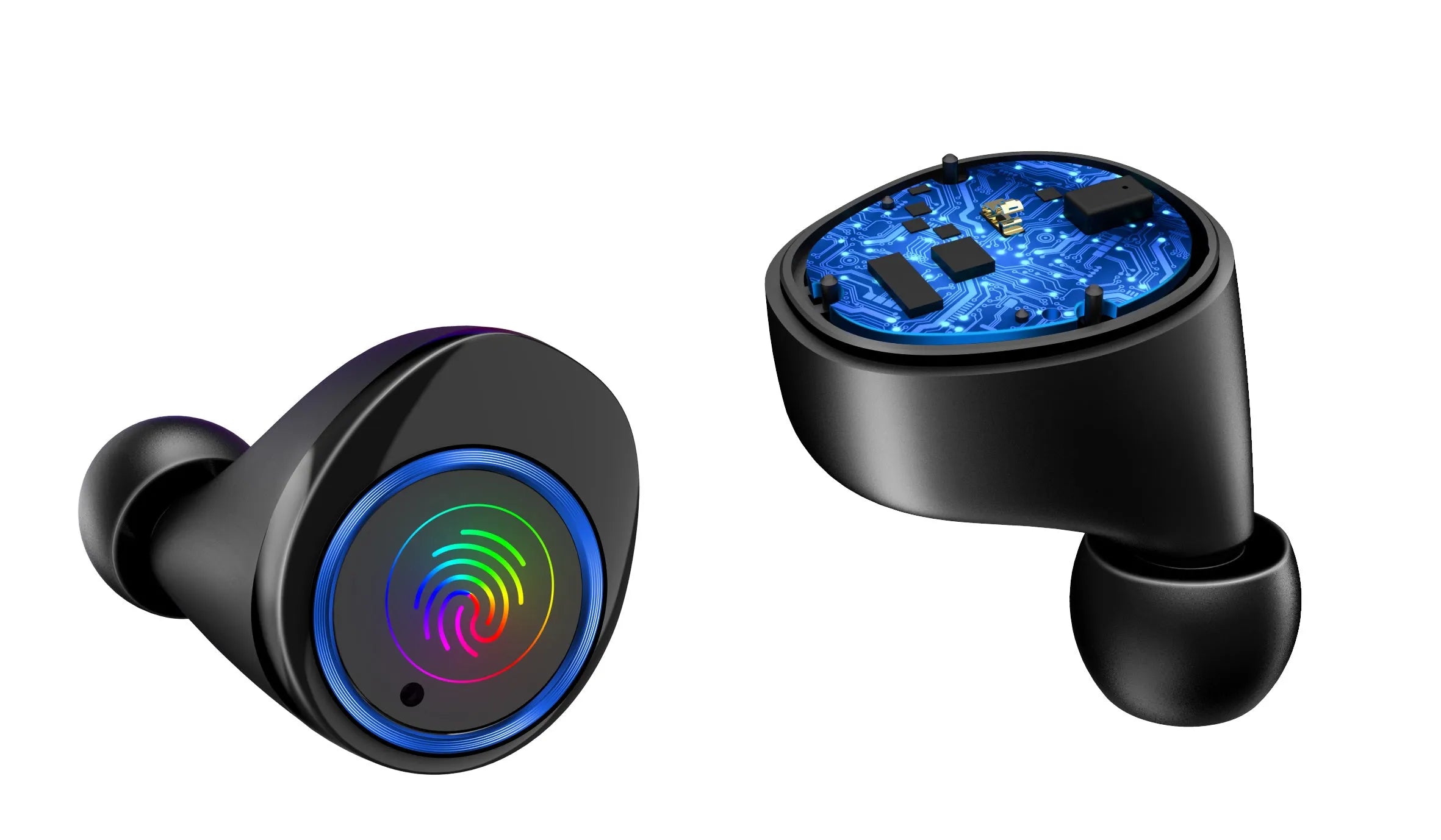 Black X11 Sky-Free wireless Bluetooth earbuds with touch controls and a white charging case.