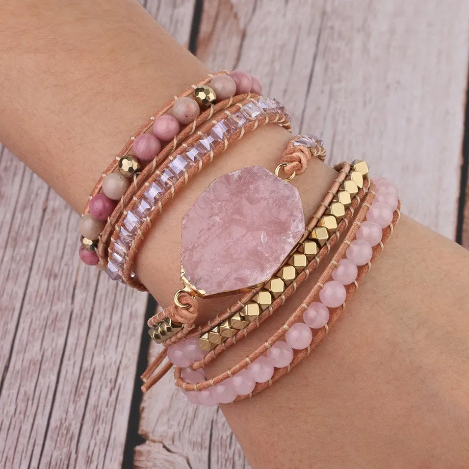 5 strand rose quartz leather wrap bracelet on wrist showing boho style gemstone beads