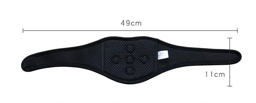Black self-heating magnetic neck guard with adjustable shoulder strap.