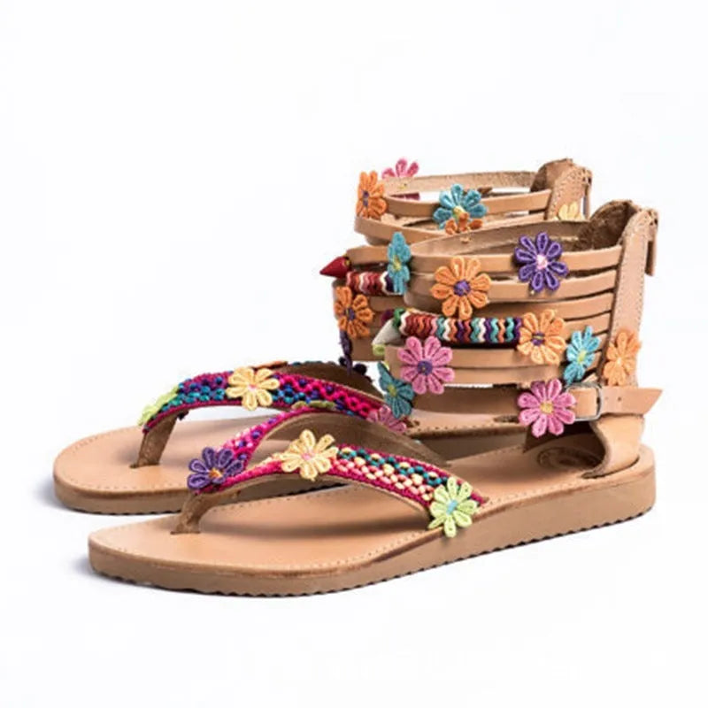 Ethnic style beaded petal sandals Roman shoes with artificial PU upper and floral decoration.