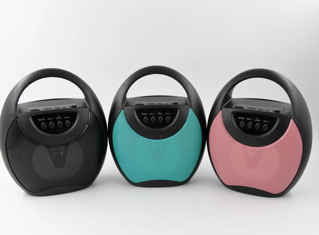 Portable Bluetooth speaker in black, blue or pink with USB port and SD card slot
