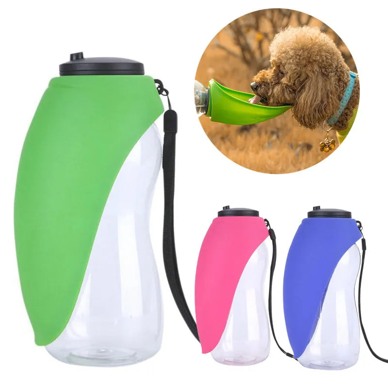 Portable blue dog water bottle with drinking bowl showing key lock mechanism and 680ml capacity markings