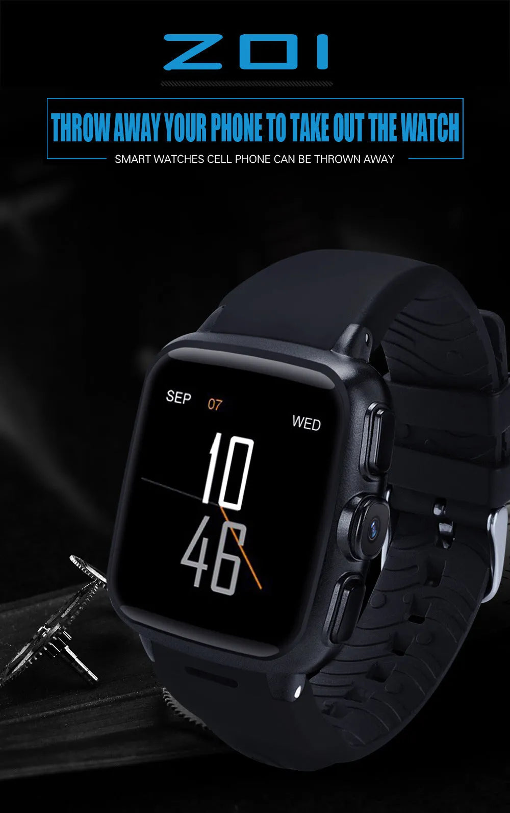 Z01smart watch with 1.54-inch HD touchscreen, black or white colour options, and USB 2.0 connectivity
