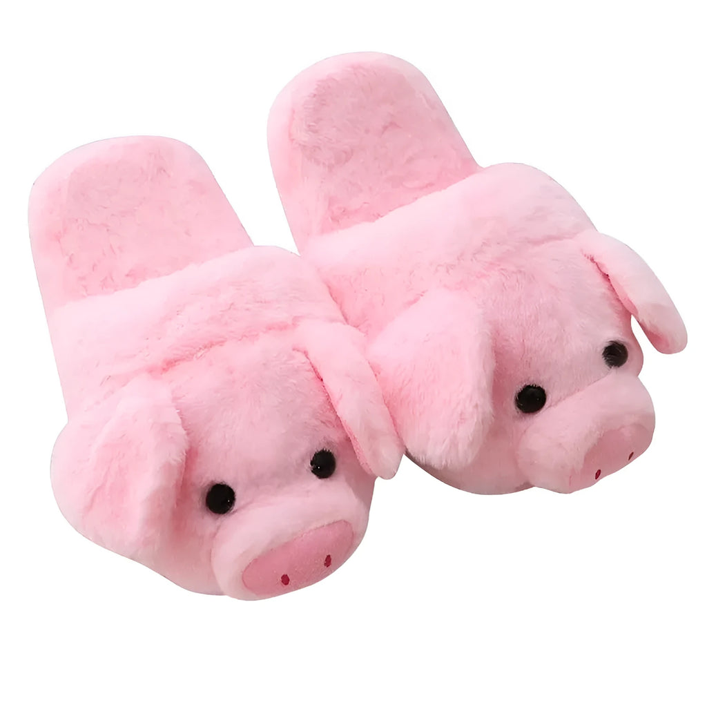 Pink pig floor slippers with short plush material showing size conversion chart for international measurements