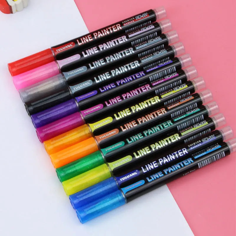 Set of 12 double line outline pens in various colours, each 13cm long.