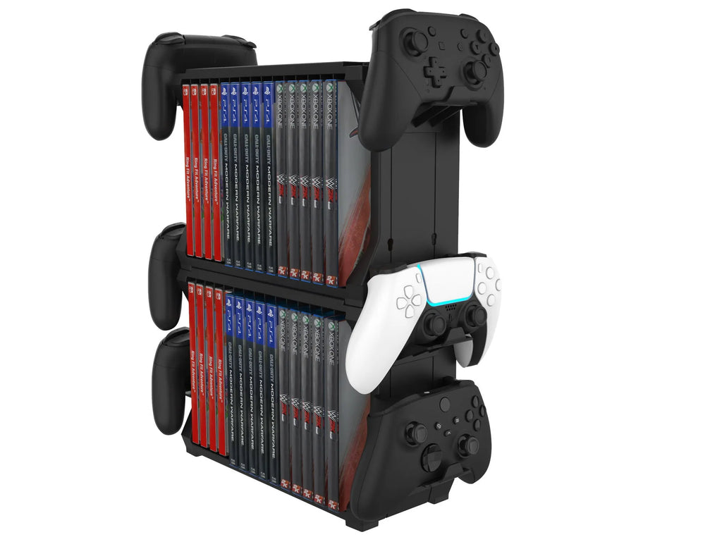 Black ABS gaming organiser stand holding game cases and four controllers for PS5 and Xbox Series X.