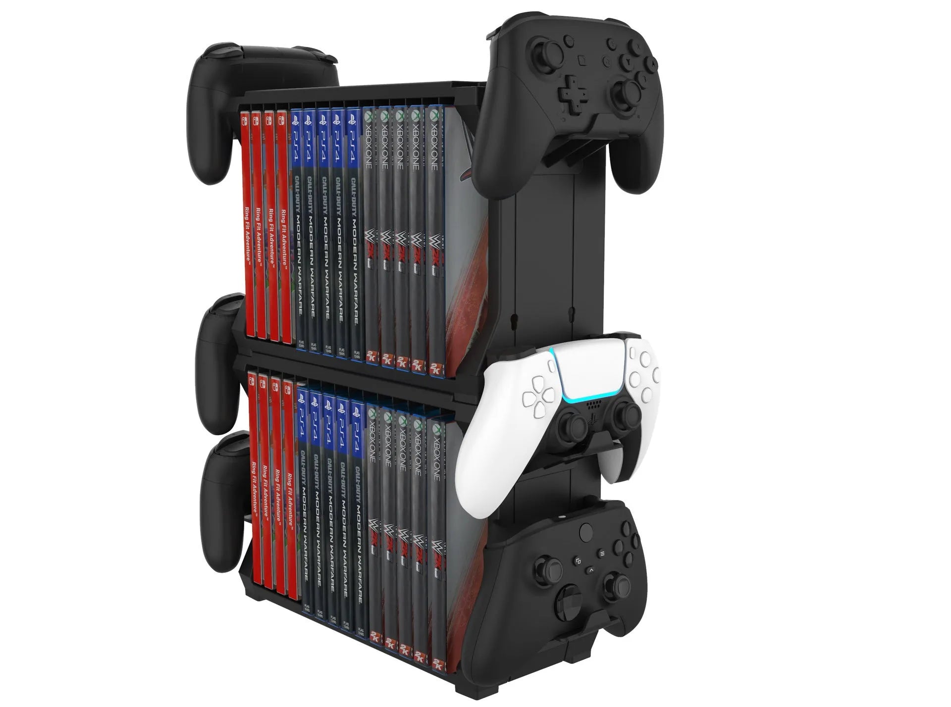 Black ABS gaming organiser stand holding game cases and four controllers for PS5 and Xbox Series X.