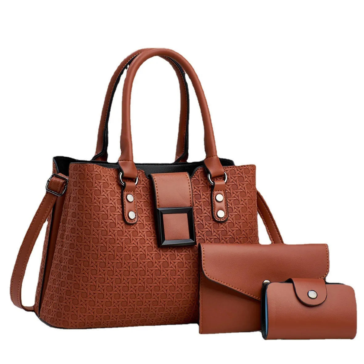 Three-piece women's crossbody bag set with textured PU surface showing interior compartment organisation