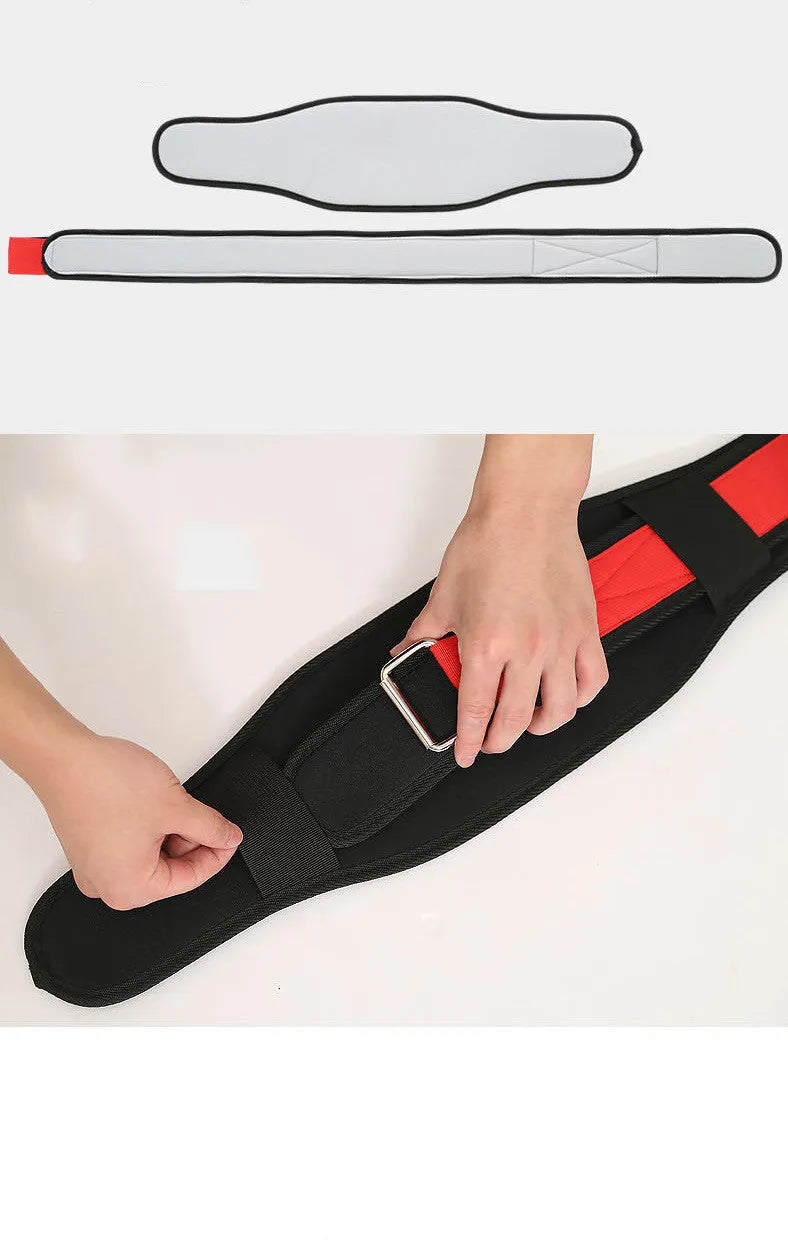 Black nylon fitness weightlifting belt on a gym floor, showing adjustable buckle and supportive width.